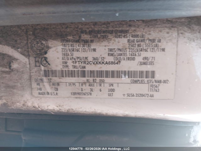 12544778 :رقم المزاد ، 1FTYR2CVXKKA68647 vin ، 2019 Ford Transit T-250 مزاد بيع