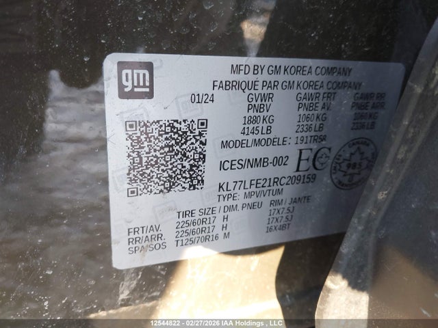 12544822 :رقم المزاد ، KL77LFE21RC209159 vin ، 2024 Chevrolet Trax Ls مزاد بيع