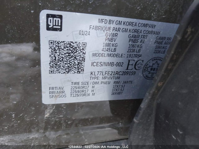 12544822 :رقم المزاد ، KL77LFE21RC209159 vin ، 2024 Chevrolet Trax Ls مزاد بيع
