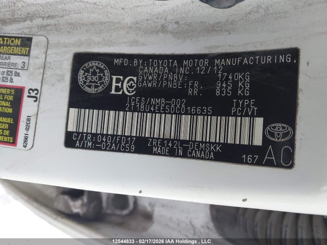 12544833 :رقم المزاد ، 2T1BU4EE5DC016635 vin ، 2013 Toyota Corolla مزاد بيع