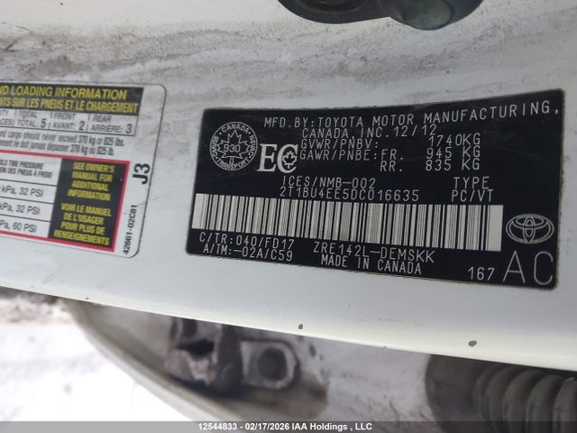 12544833 :رقم المزاد ، 2T1BU4EE5DC016635 vin ، 2013 Toyota Corolla مزاد بيع