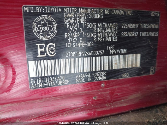 2019 Toyota Rav4 Le მანქანა იყიდება აუქციონზე, vin: 2T3B1RFV2KW030757, აუქციონის ნომერი: 12544849