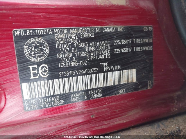 2019 Toyota Rav4 Le მანქანა იყიდება აუქციონზე, vin: 2T3B1RFV2KW030757, აუქციონის ნომერი: 12544849