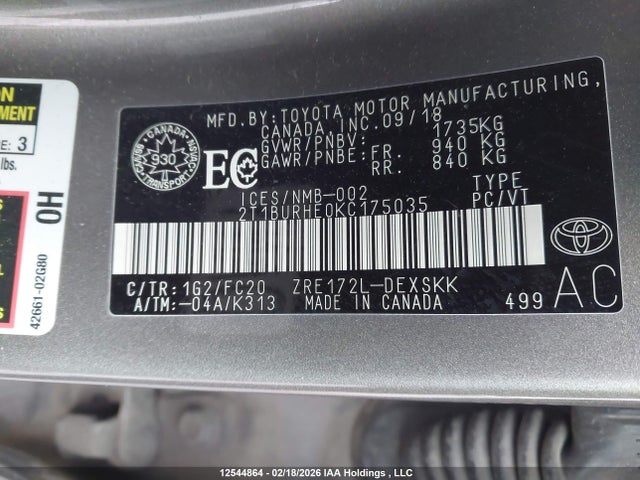 2019 Toyota Corolla მანქანა იყიდება აუქციონზე, vin: 2T1BURHE0KC175035, აუქციონის ნომერი: 12544864