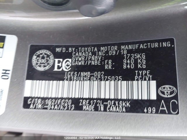 2019 Toyota Corolla მანქანა იყიდება აუქციონზე, vin: 2T1BURHE0KC175035, აუქციონის ნომერი: 12544864