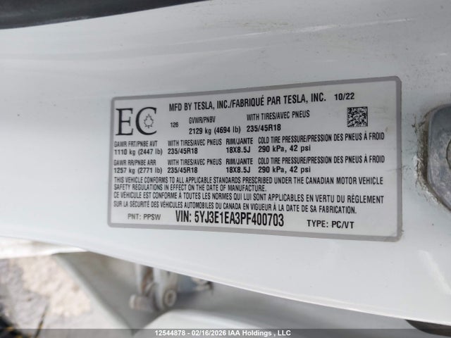 Aukcja sprzedaży 2023 Tesla Model 3 Rwd, vin: 5YJ3E1EA3PF400703, numer aukcji: 12544878