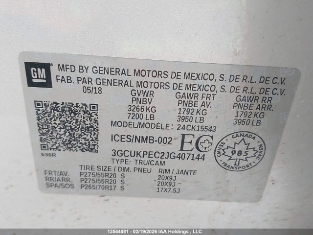 Aukcja sprzedaży 2018 Chevrolet Silverado 1500, vin: 3GCUKPEC2JG407144, numer aukcji: 12544881