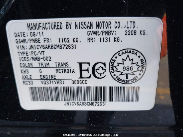 Продажа на аукционе авто 2012 Infiniti G37x, vin: JN1CV6AR8CM672631, номер лота: 12544897