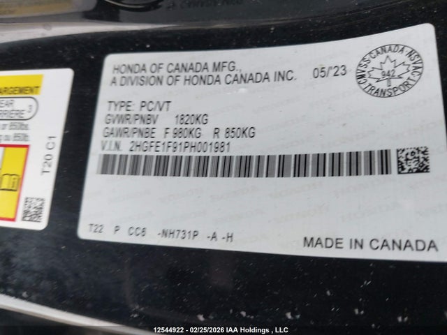 2023 Honda Civic მანქანა იყიდება აუქციონზე, vin: 2HGFE1F91PH001981, აუქციონის ნომერი: 12544922