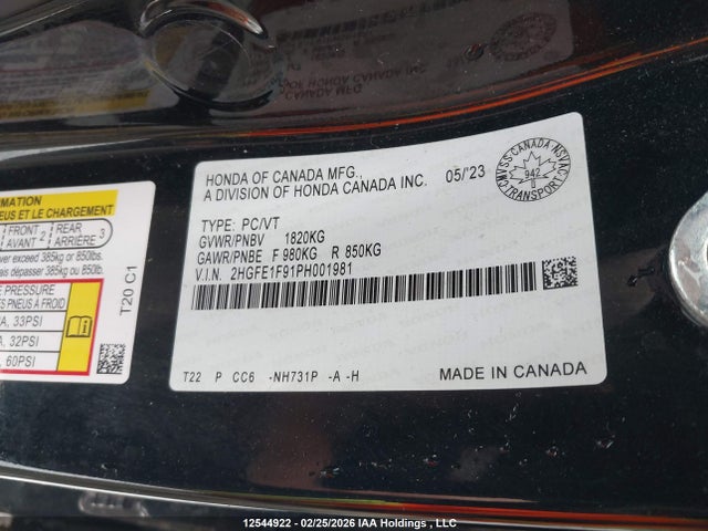 2023 Honda Civic მანქანა იყიდება აუქციონზე, vin: 2HGFE1F91PH001981, აუქციონის ნომერი: 12544922