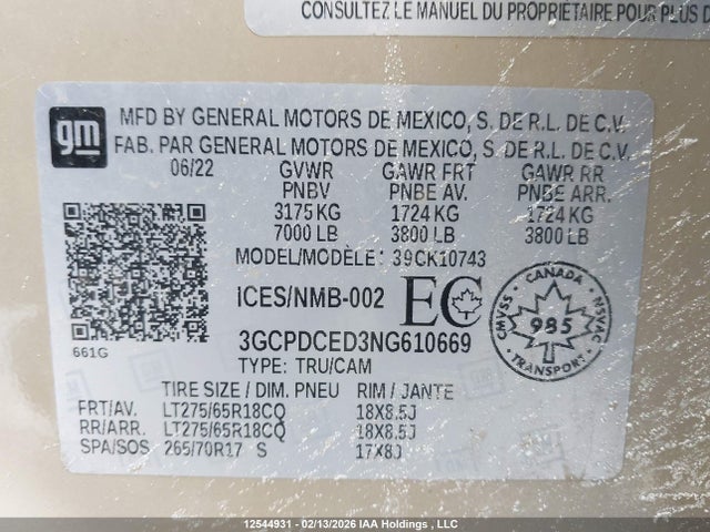 3GCPDCED3NG610669 Chevrolet Silverado K1500 Trail Boss Custom