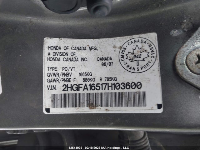 Aukcja sprzedaży 2007 Honda Civic Lx, vin: 2HGFA16517H103600, numer aukcji: 12544939