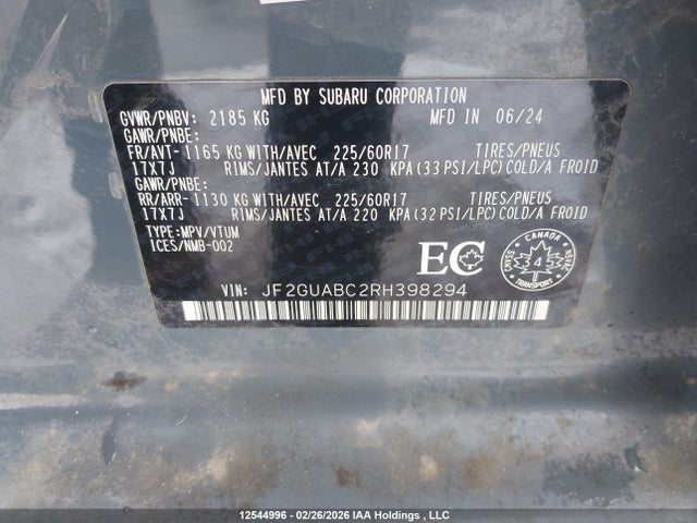 12544996 :رقم المزاد ، JF2GUABC2RH398294 vin ، 2024 Subaru Crosstrek مزاد بيع