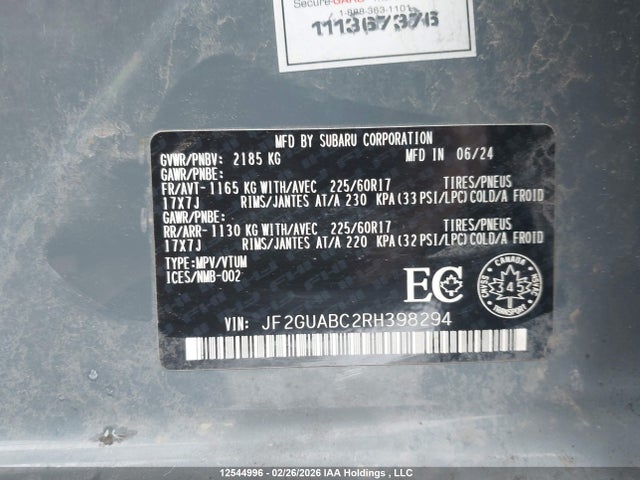 12544996 :رقم المزاد ، JF2GUABC2RH398294 vin ، 2024 Subaru Crosstrek مزاد بيع