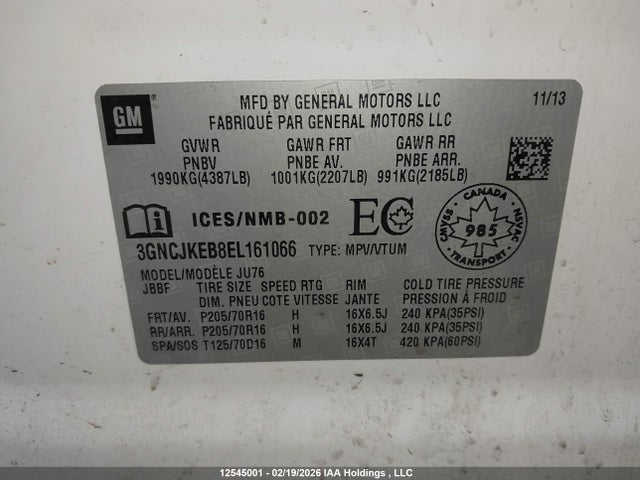 Aukcja sprzedaży 2014 Chevrolet Trax Ls, vin: 3GNCJKEB8EL161066, numer aukcji: 12545001