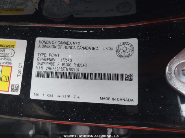 Продажа на аукционе авто 2026 Honda Civic, vin: 2HGFE2F55TH102499, номер лота: 12545010
