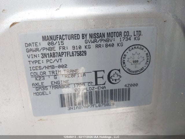 Aukcja sprzedaży 2015 Nissan Sentra 1.8 S/1.8 Sl/1.8 Sr/1.8 Sv, vin: 3N1AB7AP7FL675829, numer aukcji: 12545013