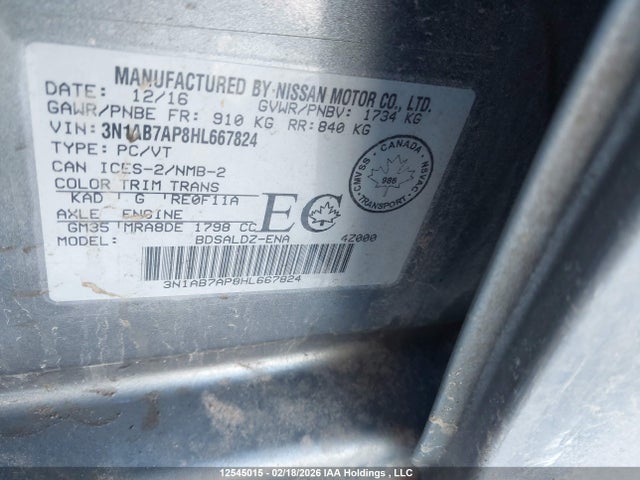 2017 Nissan Sentra მანქანა იყიდება აუქციონზე, vin: 3N1AB7AP8HL667824, აუქციონის ნომერი: 12545015