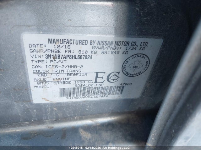 2017 Nissan Sentra მანქანა იყიდება აუქციონზე, vin: 3N1AB7AP8HL667824, აუქციონის ნომერი: 12545015