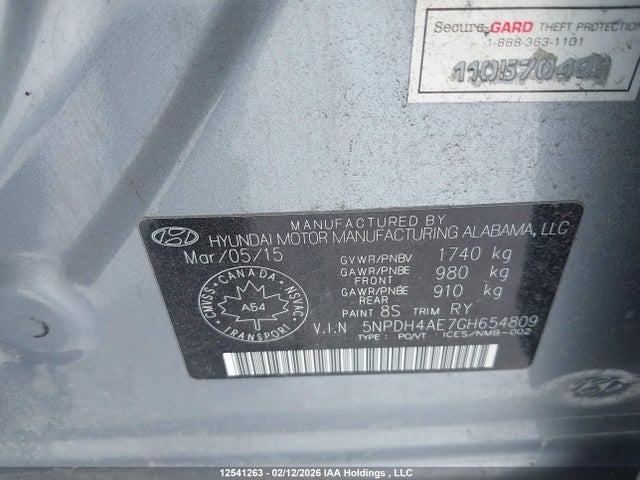 5NPDH4AE7GH654809 Hyundai ELANTRA GL