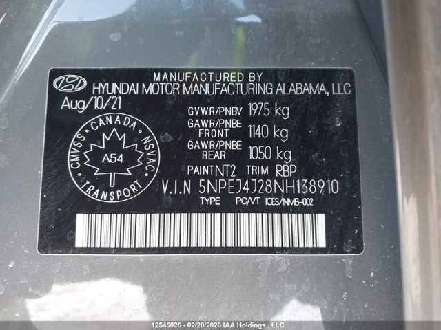 5NPEJ4J28NH138910 Hyundai Sonata Sport