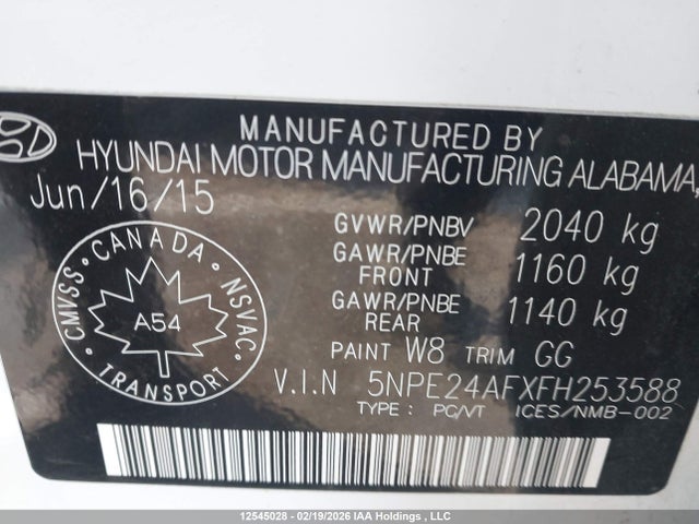 5NPE24AFXFH253588 Hyundai Sonata