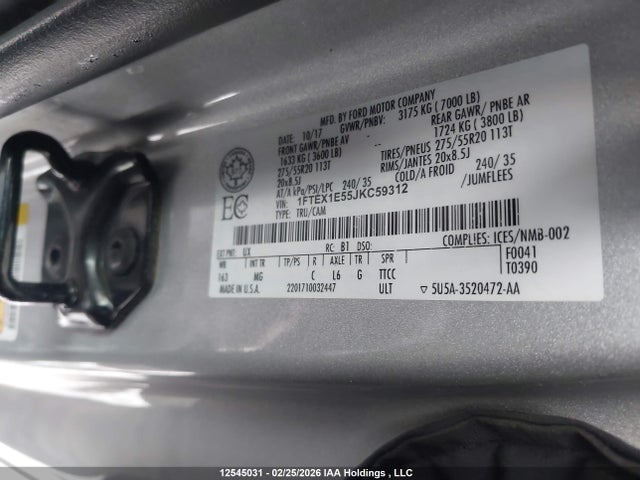 1FTEX1E55JKC59312 Ford F-150 Xlt