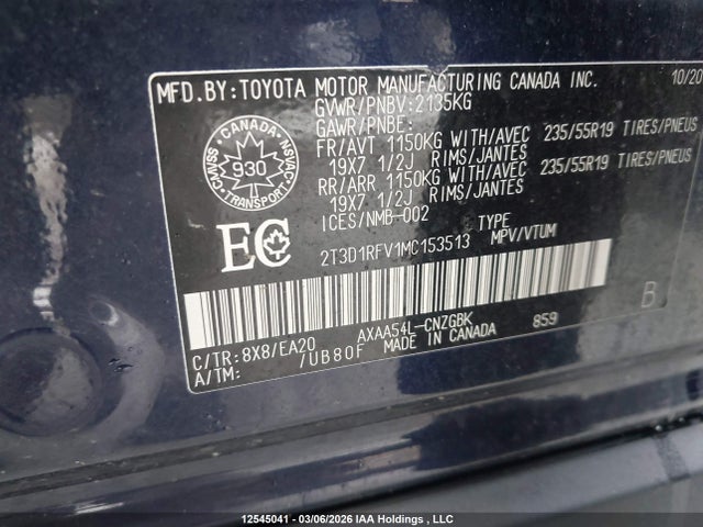 12545041 :رقم المزاد ، 2T3D1RFV1MC153513 vin ، 2021 Toyota Rav4 Limited مزاد بيع