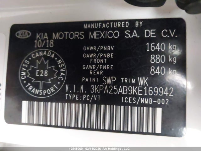 3KPA25AB9KE169942 KIA Rio Lx/lx+