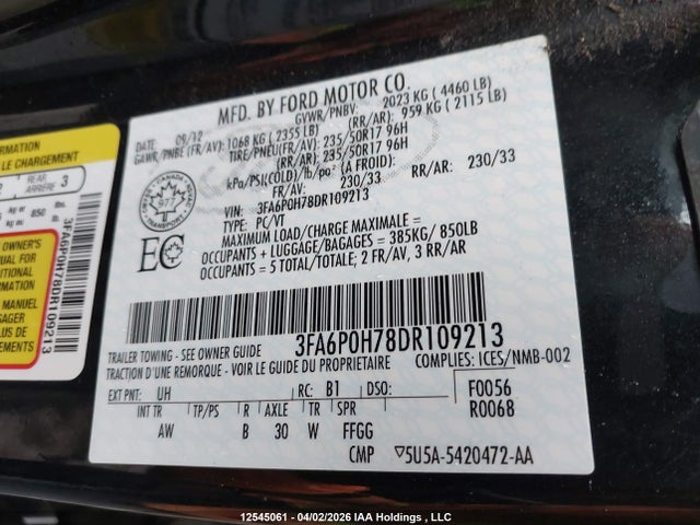 Aukcja sprzedaży 2013 Ford Fusion Se, vin: 3FA6P0H78DR109213, numer aukcji: 12545061