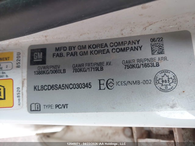 Aukcja sprzedaży 2022 Chevrolet Spark 1lt Cvt, vin: KL8CD6SA5NC030345, numer aukcji: 12545071