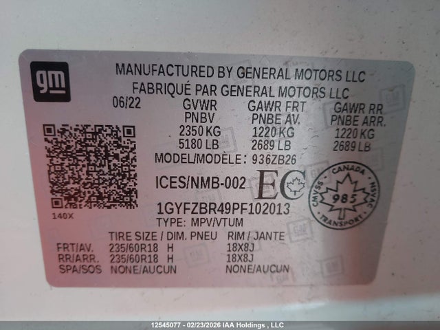 1GYFZBR49PF102013 Cadillac Xt4 Luxury