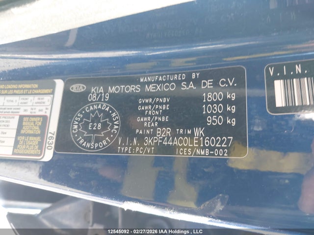 12545092 :رقم المزاد ، 3KPF44AC0LE160227 vin ، 2020 Kia Forte Gt مزاد بيع
