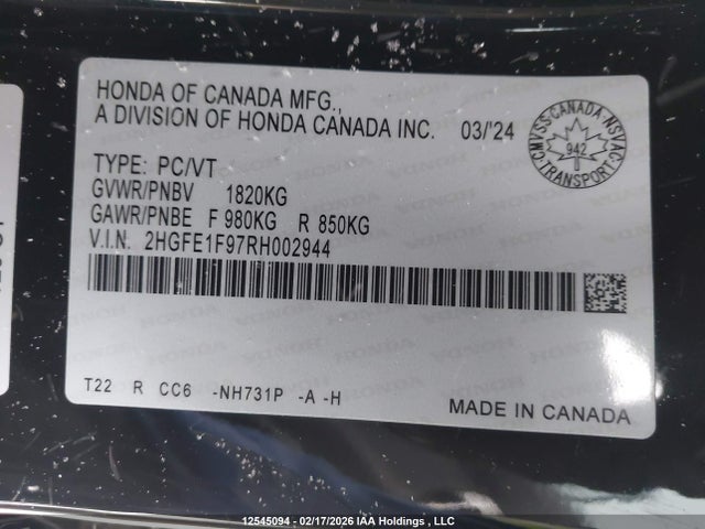 2HGFE1F97RH002944 Honda Civic Touring