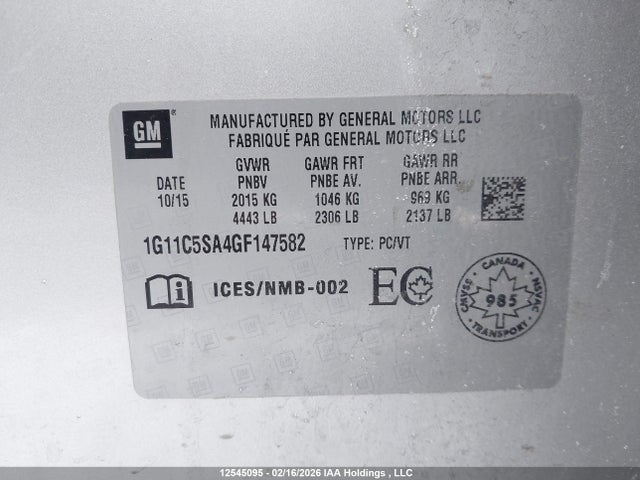 Продажа на аукционе авто 2016 Chevrolet Malibu Limited Lt, vin: 1G11C5SA4GF147582, номер лота: 12545095