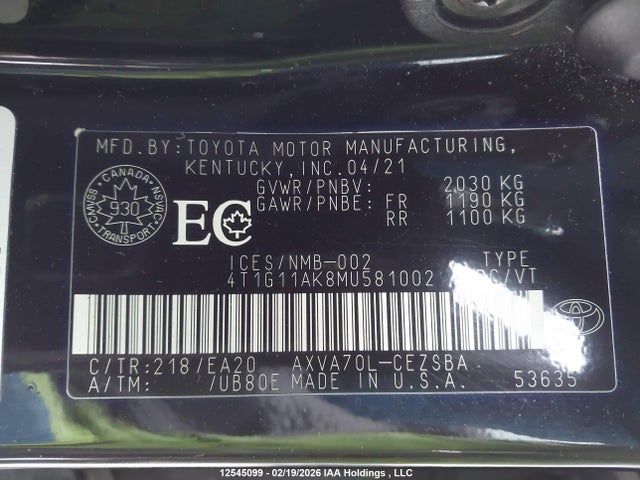 4T1G11AK8MU581002 Toyota CAMRY SE