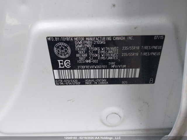 2T3DFREVXFW360101 Toyota Rav4 Limited