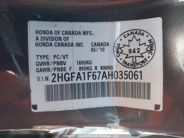 12545107 :رقم المزاد ، 2HGFA1F67AH035061 vin ، 2010 Honda Civic Sport مزاد بيع