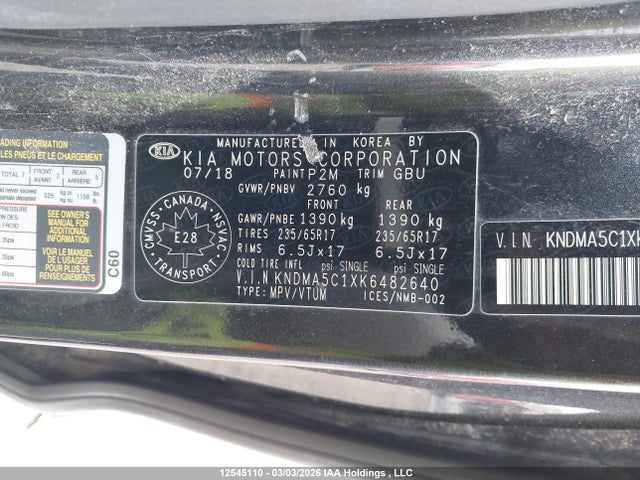 12545110 :رقم المزاد ، KNDMA5C1XK6482640 vin ، 2019 Kia Sedona L مزاد بيع