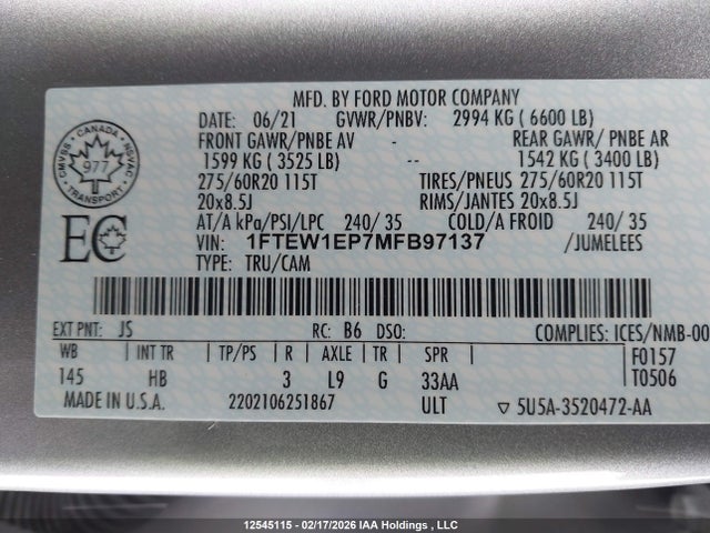 Aukcja sprzedaży 2021 Ford F150 Supercrew, vin: 1FTEW1EP7MFB97137, numer aukcji: 12545115