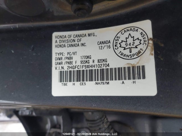Honda Civic Touring 2017 2HGFC1F9XHH102704 Image 9