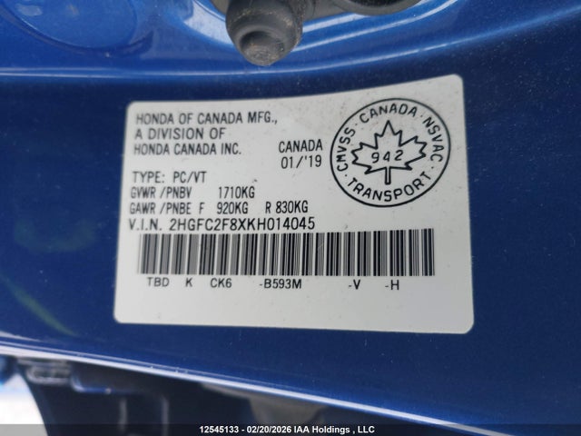 Aukcja sprzedaży 2019 Honda Civic Sport, vin: 2HGFC2F8XKH014045, numer aukcji: 12545133