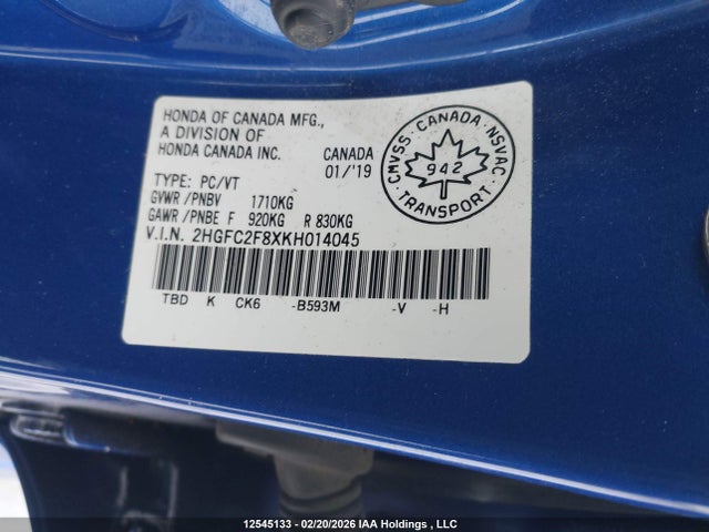 Aukcja sprzedaży 2019 Honda Civic Sport, vin: 2HGFC2F8XKH014045, numer aukcji: 12545133