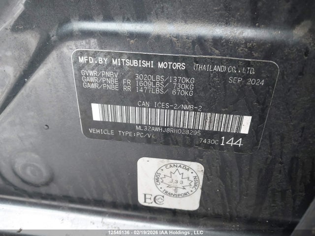 2024 Mitsubishi Mirage Se/black Edition/ralliart მანქანა იყიდება აუქციონზე, vin: ML32AWHJ8RH028295, აუქციონის ნომერი: 12545136