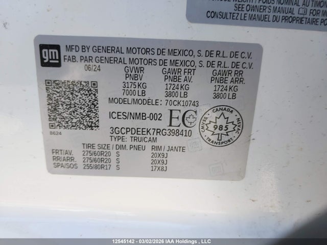 2024 Chevrolet Silverado K1500 Rst მანქანა იყიდება აუქციონზე, vin: 3GCPDEEK7RG398410, აუქციონის ნომერი: 12545142