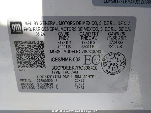 2024 Chevrolet Silverado K1500 Rst მანქანა იყიდება აუქციონზე, vin: 3GCPDEEK7RG398410, აუქციონის ნომერი: 12545142