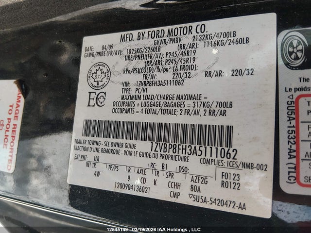 12545149 :رقم المزاد ، 1ZVBP8FH3A5111062 vin ، 2010 Ford Mustang Gt مزاد بيع