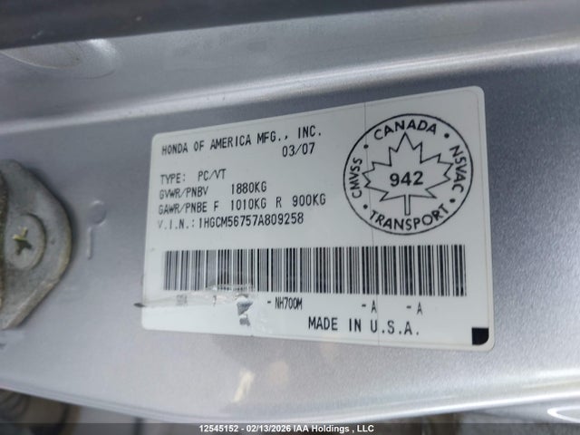 Aukcja sprzedaży 2007 Honda Accord Ex-l/se, vin: 1HGCM56757A809258, numer aukcji: 12545152