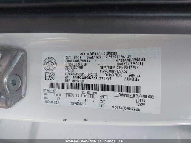 1FMCU9GD8KUB15791 Ford ESCAPE SE