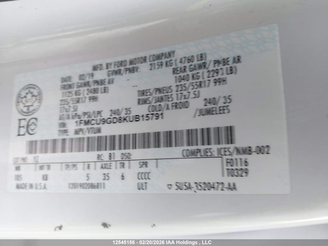 1FMCU9GD8KUB15791 Ford ESCAPE SE